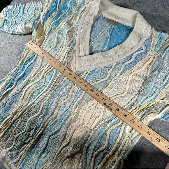 Vintage Coogi Sweater Mens Small Cream Blue 3D Knit Retro Biggie 90s V Neck Rare